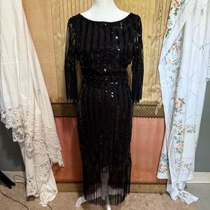 Unique Vintage Black Sequin Long Sleeve Gown
